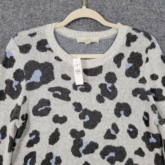NWT LOFT Gray Blue Leopard Wool Blend Knitted Animal Print Sweater SIZE SMALL - Picture 3 of 10